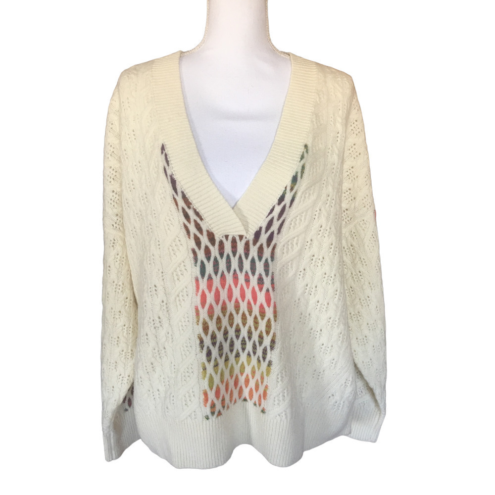 Anthropologie Maeve V-Neck Cable-Knit Lamb's Wool Sweater Women’s Size XL Ivory - Picture 3 of 12